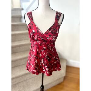 Vintage Y2K Red Satin Baby Doll Sleeveless Black Metallic Gold Floral Tank Top